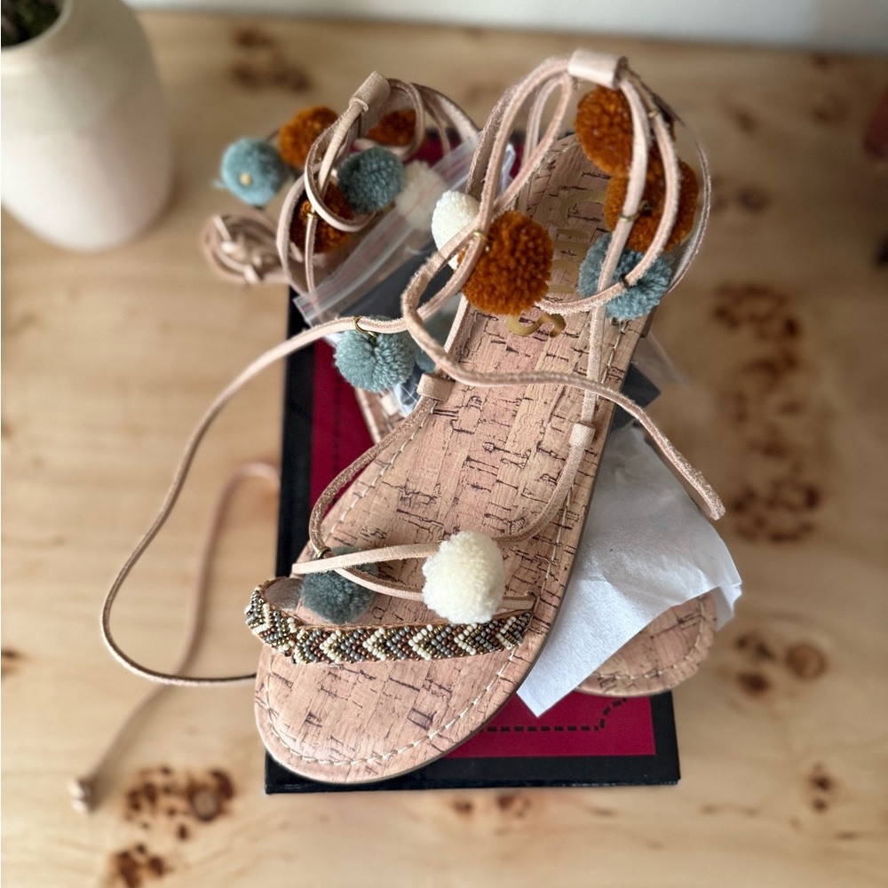 Valencia Naked Natural Beaded Pom Pom Embellished Sandals